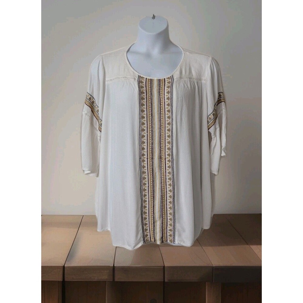 Catherines Womens Tunic 2XWP Embroidered 3/4 Bell Sleeve 100% Rayon